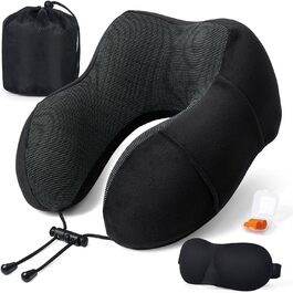 Дорожня подушка для шиї з піни Memory Foam з 3D маскою для сну та берушами, м'яка бавовняна U-подібна подушка для подорожей у літаку, авто, поїзді, офісі та кемпінгу (чорна)