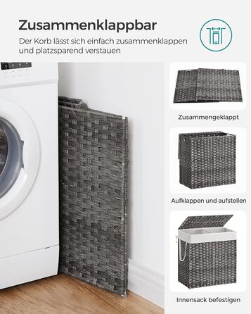 Кошик для білизни SONGMICS 130 л з кришкою, 2 секції, ручки, знімний мішок, плетений, сірий, 33x66x60 см, для спальні та ванної