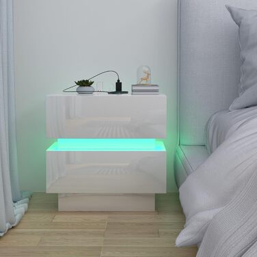 Нічний столик з розеткою та LED-підсвіткою, з USB-зарядкою та 2 шухлядами (45x35x46 см, білий)