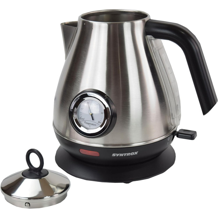 Електрочайник Syntrox Germany WK-2200W-1.7T, 2200 Вт, 1.7 л, нержавіюча сталь, з термометром, бездротовий, 360°, чайник для води та чаю