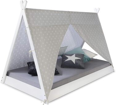 Дитяче ліжко Homestyle4u 90x200 см, біле/сіре, зірки, будиночок, типі, з ламелями, дерев'яне