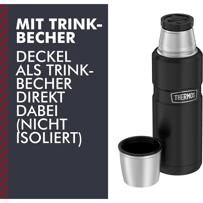 Термос із нержавіючої сталі Thermos 470 мл чорний матовий, ізольована пляшка для напоїв з кришкою-чашкою, зберігає тепло 12 годин і холод 24 години, герметична, без BPA, можна мити в посудомийній машині