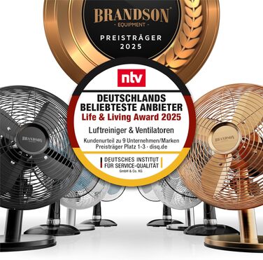 Вентилятор настільний Brandson мідний, 3 швидкості, з коливанням 80°, металевий корпус, чорний матовий