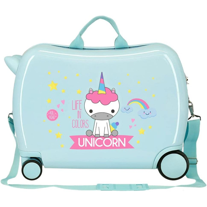 Дитяча валіза Roll Road Little Me, зелена, 50x38x20 см, ABS, кодовий замок, 34 л, 2,1 кг, 4 колеса, ручна поклажа, єдиноріг, бірюзова