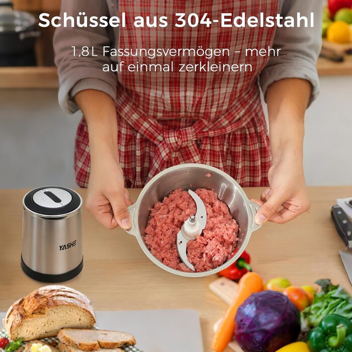Подрібнювач продуктів YASHE 500W електричний з чашею 1.8л з нержавіючої сталі, міні кухонний комбайн з 4 лезами, чорний + нержавіюча сталь