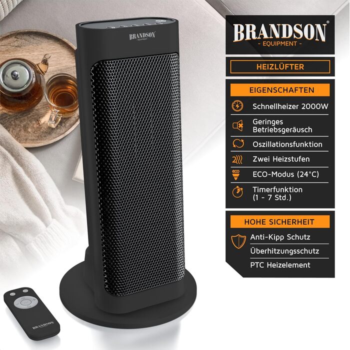 Електричний керамічний обігрівач Brandson, енергозберігаючий, тихий, з дистанційним керуванням, термостатом, захистом від перегріву, для ванної, спальні, вітальні, чорний