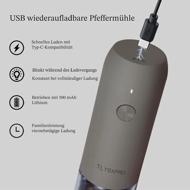 Електричний набір млинків для солі та перцю TLYSXPRO (2 шт.), USB-аккумулятор, регулювання помолу, LED-підсвітка, колір Greige & Buttercream