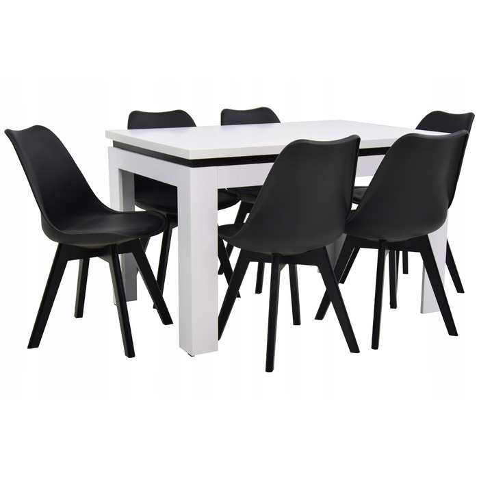Сучасний обідній набір: білий стіл та 6 чорних стільців для кухні та вітальні