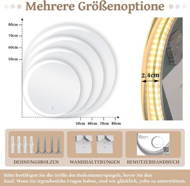Круглий LED-дзеркало для ванної кімнати Mursche з підсвічуванням, 60 см, IP44, сенсорне регулювання, протизапотівальне покриття, 70x70 см