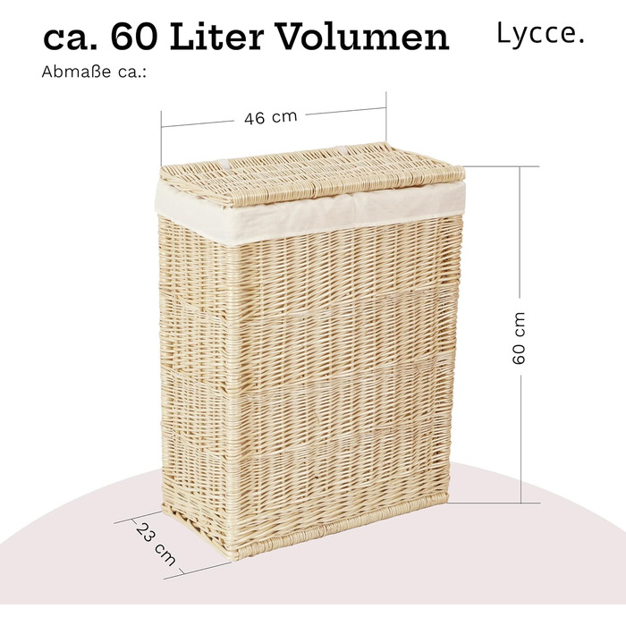 Кошик для білизни Lycce з кришкою 60 л, вузький, плетений з лози, для зберігання білизни в нішах, натуральний колір