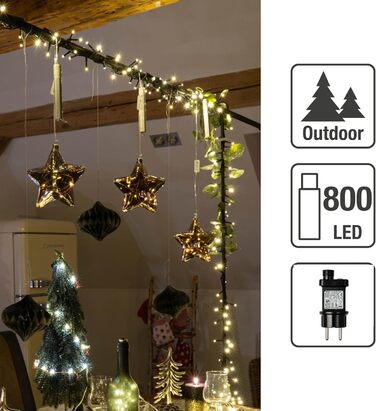 Гірлянда LED hellum 15,98 м, 800 LED, теплий білий, з таймером, для вулиці та приміщень, електрична, для ялинки, зі шнуром
