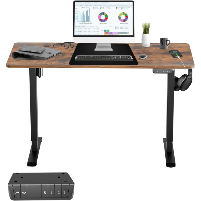 Електричний письмовий стіл Sonnewelt 140x60 см, регульований по висоті, з USB-A/C зарядкою, пам'яттю, захистом від зіткнень, гачком, колесами, мауспадом, вінтажний коричневий