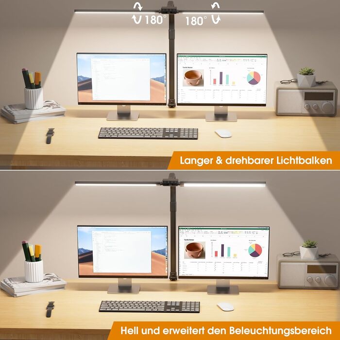 LED лампа настільна з двома головками, регульована яскравість, кріплення-прищіпка для офісу, захист очей, денне світло, лампа для ПК, чорна