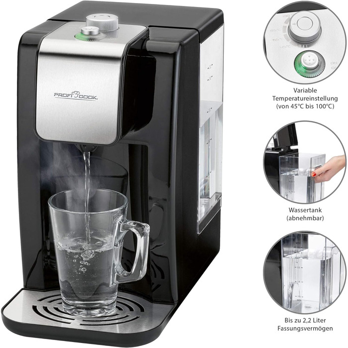 Диспенсер для гарячої води ProfiCook PC-HWS 1145, корпус з нержавіючої сталі, гаряча вода одним натисканням кнопки приблизно за 3 секунди, LED-дисплей із сенсорним керуванням, 2600 Вт (резервуар для води 2,2 літра)