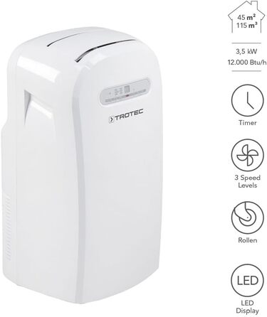 Мобільний кондиціонер TROTEC PAC 3500 3-в-1: охолодження, вентиляція, осушення, 3,5 кВт, 12 000 BTU/год, для приміщень до 45 м², 3 швидкості вентилятора