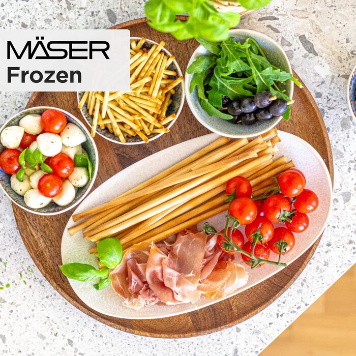 Набір керамічного посуду MÄSER Frozen 9 предметів: салатниця, 4 миски для рамену, 4 соусники, синій вінтаж, ручна глазур, кам'яна кераміка