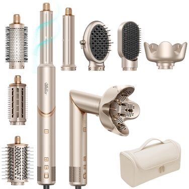 UKLISS Hairstyler Airstyler 8-в-1: Фен-щітка, випрямляч, плойка, насадки для об'єму та іонізація - Швидке сушіння для всіх типів волосся, колір шампань