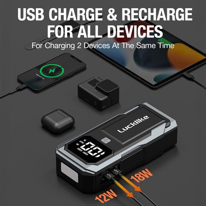 Бустер акумулятора Lucklike 5000A: Потужний пусковий пристрій (Powerbank) для авто (до 10.0л бензин / 8.0л дизель), 12V літієвий пускач з LED-ліхтарем, сріблястий