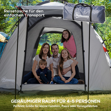 Outsunny Camping Tent 5-місний тунельний намет зі спальнею, сумка для перенесення, водяний стовп 2000 мм, сітчасте вікно, сірий