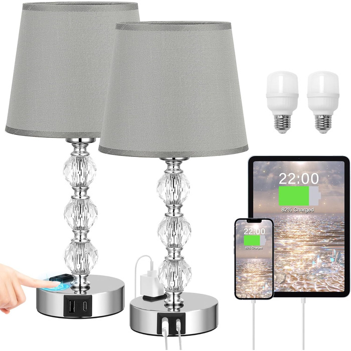 Настільна лампа Kakanuo з кришталем, сенсорне димування, 2 шт, LED, USB-A+C, сірою текстильною абажурою, для спальні, вітальні, офісу, готелю, 37 см