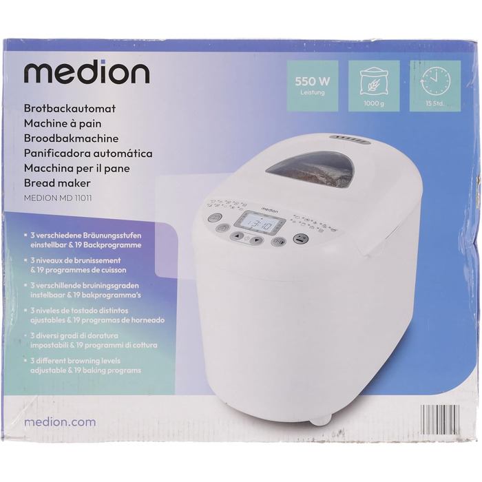 Хлібопічка MEDION MD 11011, 550 Вт, 19 програм, 1000 г, 3 рівні підсмажування, таймер, підтримка тепла