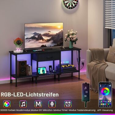 Тумба під телевізор з LED-підсвіткою та розеткою, 120 x 30 x 51.8 см, чорна