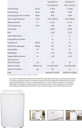 Мобільний кондиціонер з функцією обігріву 12000 BTU до 32 м² з витяжним шлангом 1,5 м, таймером і режимом осушення