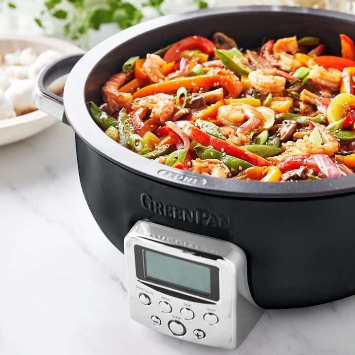 Мультифункціональний електричний мультиварка GreenPan Elite Essential 5,6 л, керамічне антипригарне покриття без PFAS, LED-дисплей, автоматичні програми, чорний колір, для смаження, тушкування, варіння та приготування рису, знімні частини для посудомийки