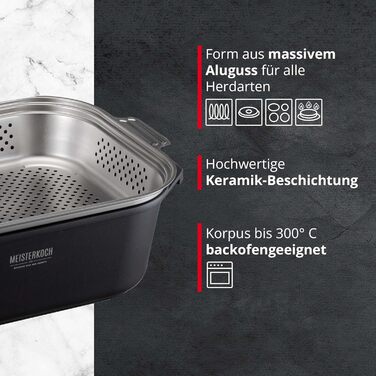 Професійна жаровня MEISTERKOCH 7,5 л з кришкою із скла, прямокутна, чорний алюмінієвий литий корпус, для індукції, з паровою вставкою, для духовки до 300°C, підходить для посудомийки, з термометром для запікання