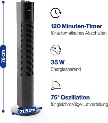Clatronic TVL 3770: Вежовий вентилятор з таймером та функцією обертання, 78 см, чорний