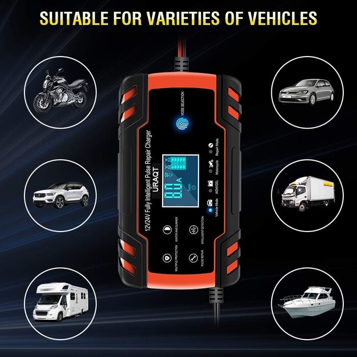 Зарядний пристрій для акумулятора URAQT 8A: 12V/24V, розумний, автоматичний, з LCD, для авто, вантажівок, мотоциклів, човнів
