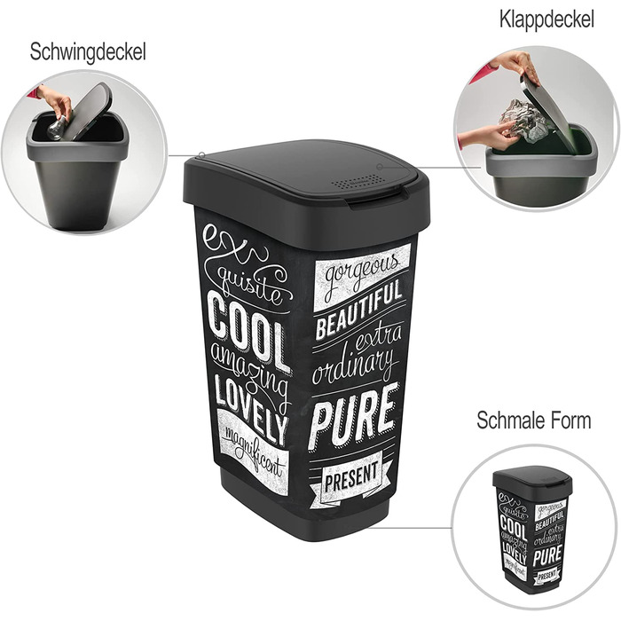 Смітник Rotho Twist 50л з кришкою, пластик PP, BPA-free, чорний/хіпстер, 40,1x29,8x60,2 см