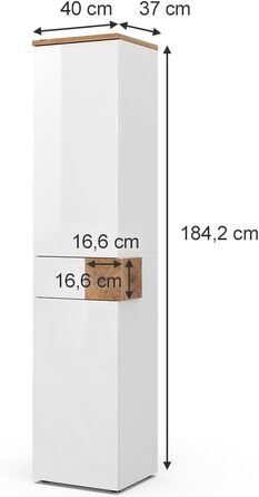 Високий шафа для ванної Vicco Eden, білий глянець/дуб Артизан, 40x184,2 см, 2 двері, шухляда