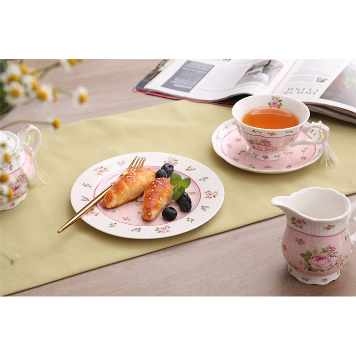 Чашка та блюдце з порцеляни Shabby Chic Vintage з птахом, метеликом і квітами у подарунковій коробці (рожевий колір)