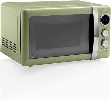 Мікрохвильова піч Swan Retro SM22030GNEU, 20 л, 800 Вт, 5 режимів, розморожування, таймер 60 хв, зелена, вінтажний дизайн, дзеркальні дверцята, 27 см тарілка