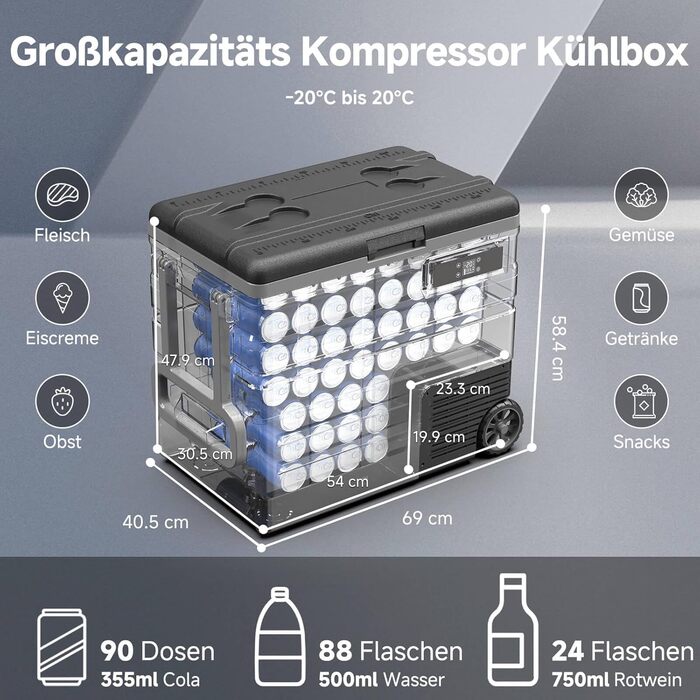 Автомобільний компресорний холодильник AAOBOSI 65л з Wi-Fi, LED, -20°C/+20°C, 12/24V/220V, на колесах для авто, кемпінгу, подорожей
