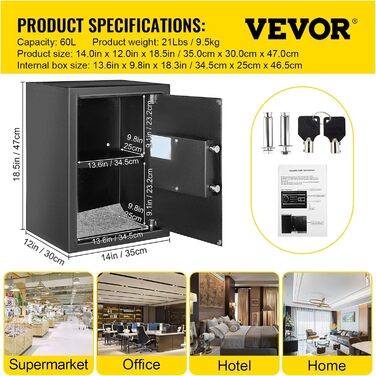 Сейф VEVOR 1,7 куб. футів, 10 кг, чорний, стійкий до пилу, для меблів і стін, з відбитком пальця, кодовою панеллю, ключем, 4 системи замикання, для дому, готелю, офісу