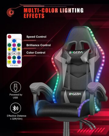 Ігрове крісло bigzzia з LED-підсвіткою, ергономічне, регульоване, комп’ютерне крісло для геймерів, офісне, для підлітків, хлопців, дівчат і дорослих, чорне