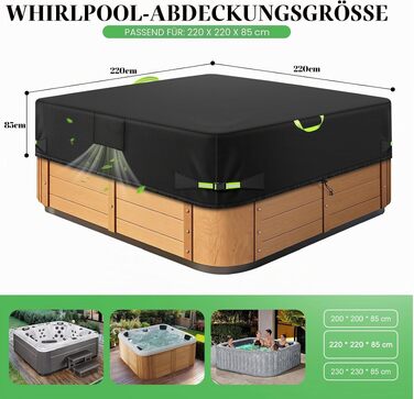 Водонепроникний чохол для гідромасажного джакузі Whirlpool з тканини Oxford 600D, термопокривало для SPA та Hot Tub з UV-захистом (чорний, 220x220x85 см)