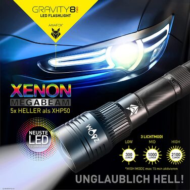 Ліхтарик AMAFOX G8-NEO 2100 Люмен, LED, акумуляторний, надяскравий, графіт, USB-C, з неопреною сумкою та акумулятором 21700