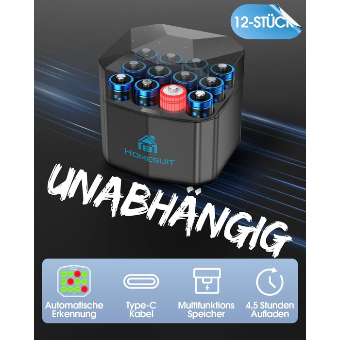 Набір акумуляторів Homesuit AA 1.5V 3600mWh (12 шт.) літієві перезарядні батарейки з пристроєм швидкої зарядки для іграшок, фотокамер та електроніки