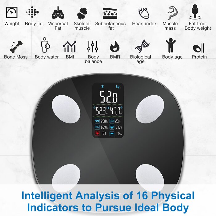 Розумні ваги INSMART 227 кг, цифрові, Bluetooth, аналізатор складу тіла, 18 показників, 30x30 см, мобільний додаток, вимірювання ІМТ, жиру, м’язів, пульсу