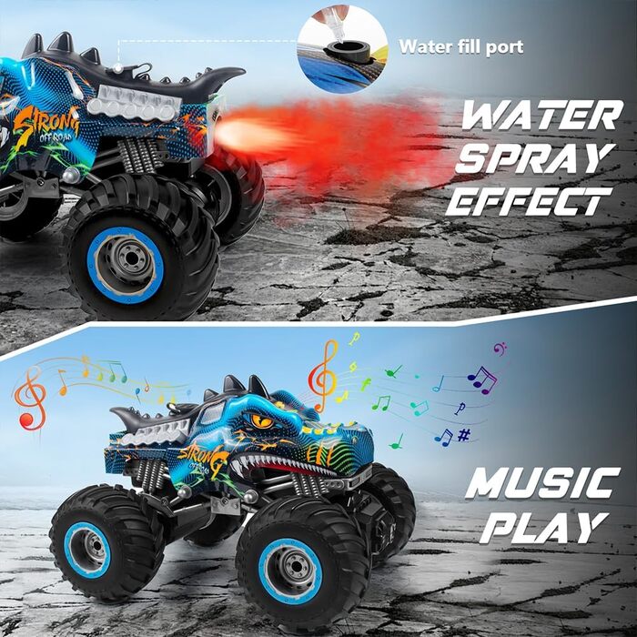 Радіокерований позашляховик Динозавр 1:16 RC Monster Truck з розпилювачем, музикою, LED-підсвіткою, 2.4GHz, 20км/год для дітей від 3 років