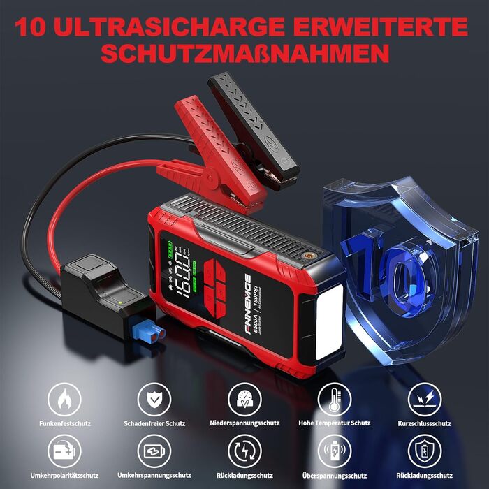 Пусковий пристрій (бустер) FNNEMGE 26800mAh 6500A з компресором 160PSI для авто (бензин та дизель до 10.0л), LCD-дисплей, LED-ліхтарик