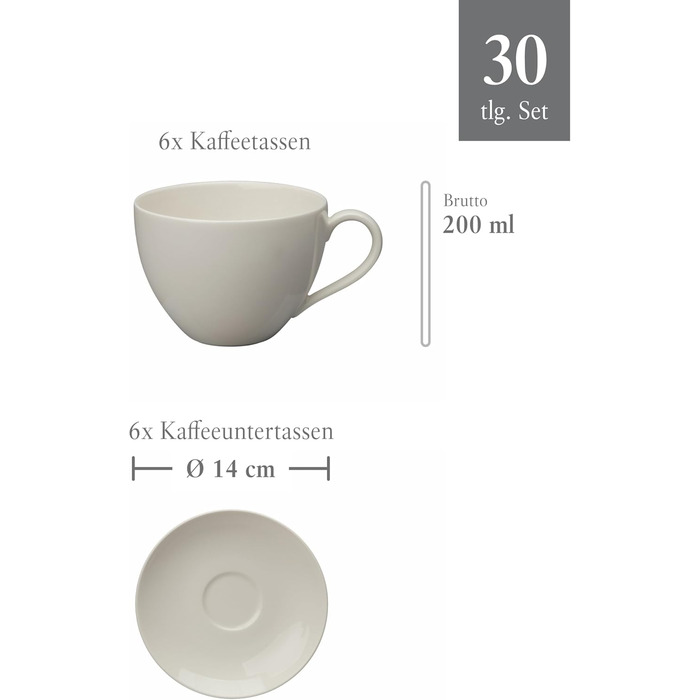 Villeroy & Boch vivo Basic White набір посуду 30 предметів, білий, преміум порцеляна, для сервірування столу, підходить для посудомийної машини та мікрохвильової печі, тарілки, чашки, кераміка, сервіз