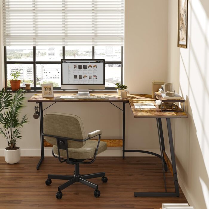 Кутовий письмовий стіл CubiCubi 150x120 см, L-подібний комп'ютерний стіл для офісу з моніторною підставкою та шухлядами, компактний, коричневий