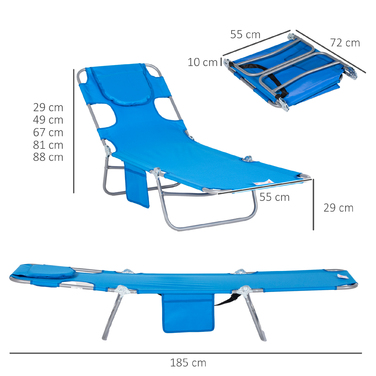 Outsunny Sun Lounger Складний садовий шезлонг з вікном для читання, подушка, шезлонг з регульованою спинкою в 5 напрямках, стійкий до погодних умов шезлонг для кемпінгу з навантаженням до 120 кг, для садового пляжного басейну, синій
