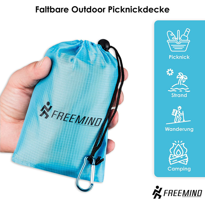 Пляжна ковдра freemind ультралегка, водостійка, 140х200 см, компактна, без наповнювача, для пікніка, подорожей, кемпінгу, сандфрі, з 4 кілочками та карабіном, сіро-блакитна