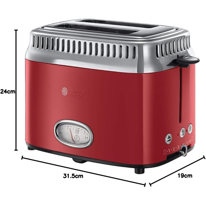 Тостер Russell Hobbs Retro 21680-56, нержавіюча сталь, червоний, 2 тости, 6 режимів, розморожування, підігрів