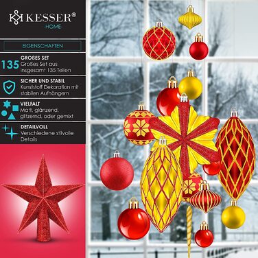 Набір ялинкових куль KESSER, 135 шт, червоно-золоті, пластикові, небиткі, з верхівкою, декор для ялинки та новорічна прикраса